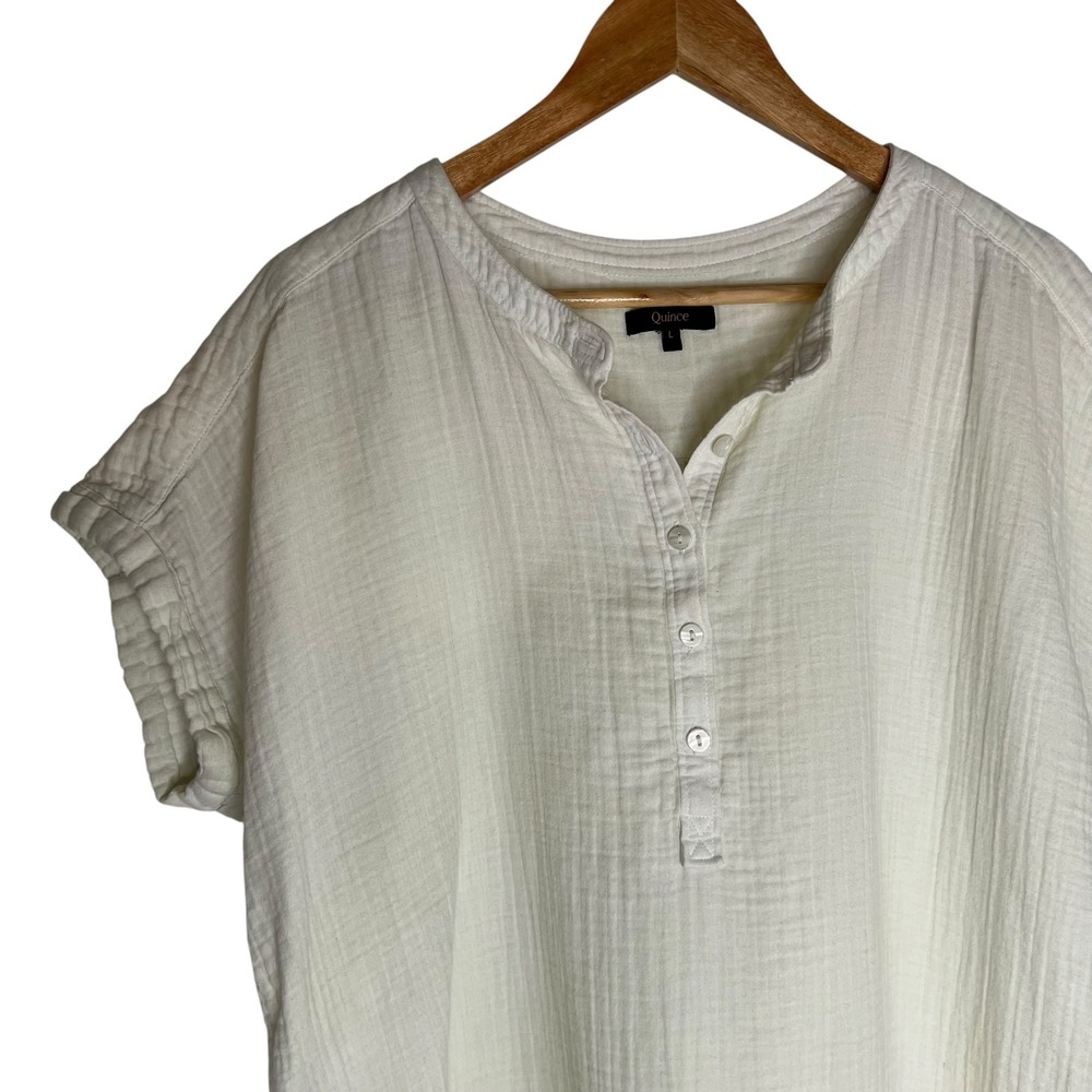 Quince 100% Organic Cotton Gauze Roll Sleeve Shirt in White Cream L Minimalist - Picture 4 of 10